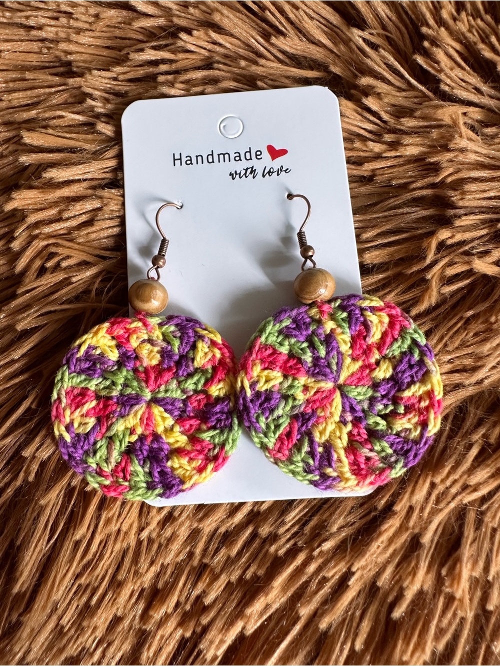 Handmade Multicolor Crochet Round Earrings with Wooden Bead